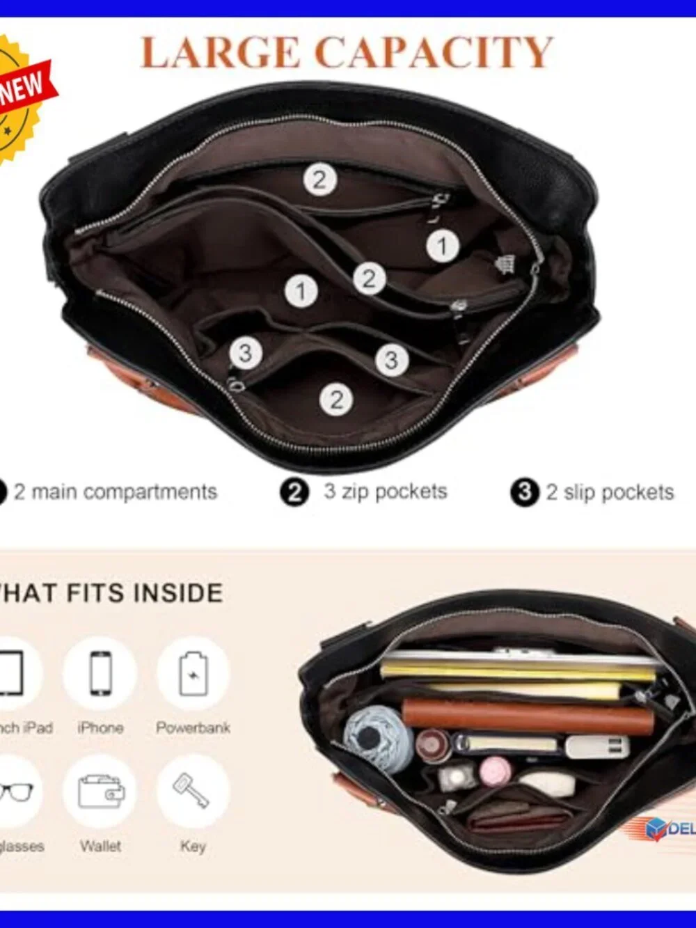 Genuine Leather Hobo Tote Shoulder Bag Large Capacity Multi-Pocket Purse